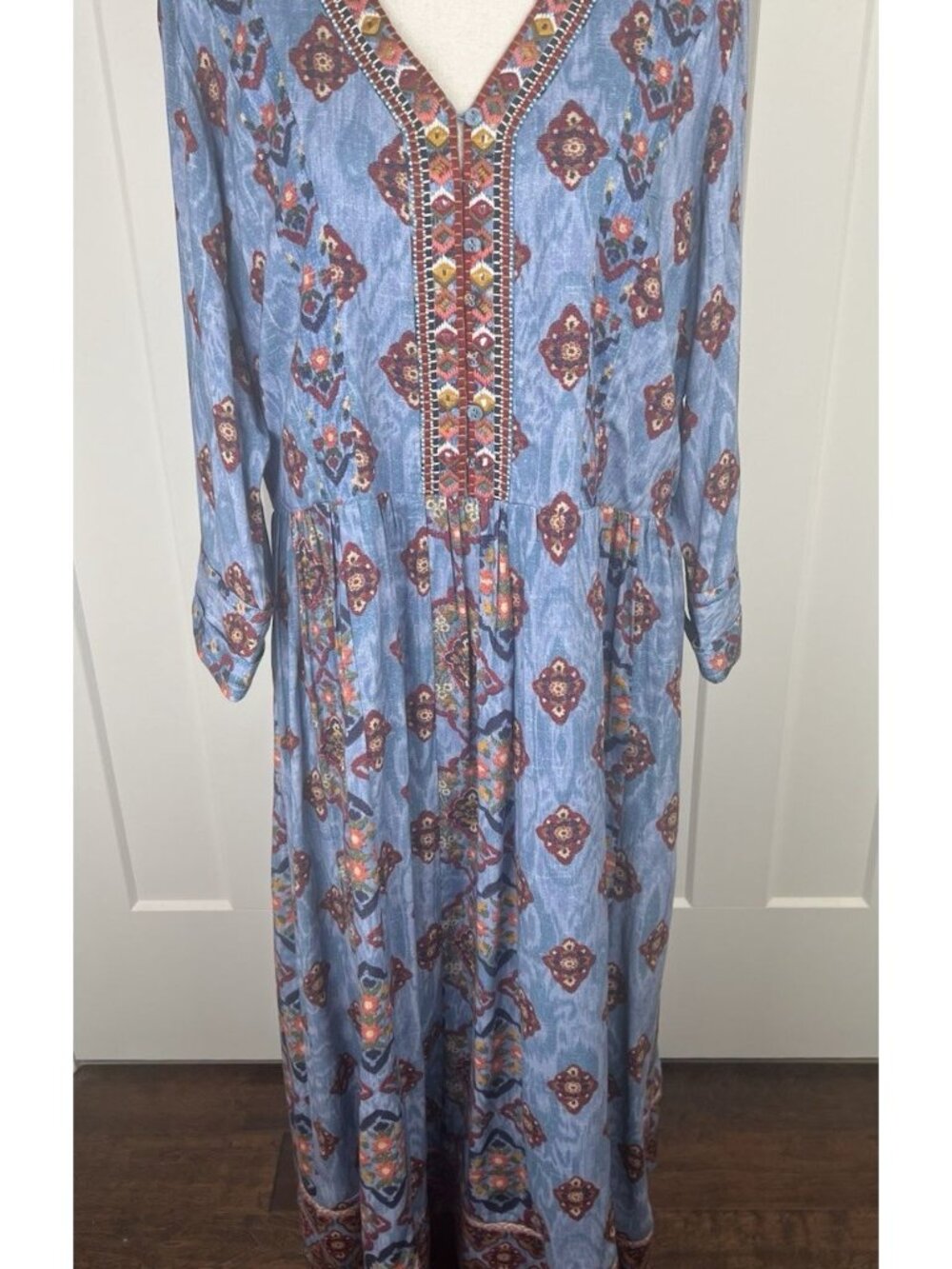 Soft Surroundings 1X Boho Midi Dress Embroidered Beaded Pockets Blue NWT
